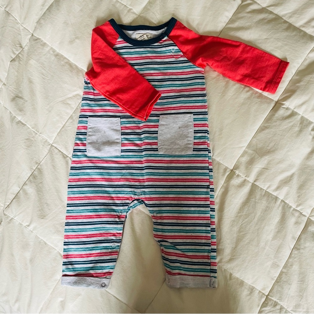 Curious by Peek Baby Romper 6-9 Mo. Striped Long Sleeve One Piece 100% Cotton